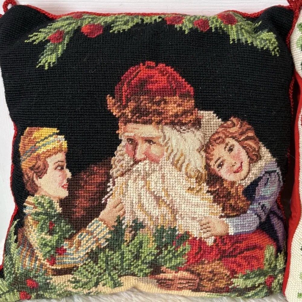 (2)Vintage Victorian Christmas Wool Needlepoint Throw Pillows Red Velvet Back